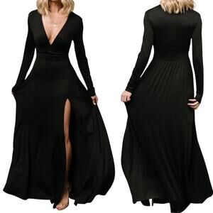 Baltic Born Arianna Maxi Dress Gown V Neck Long Sleeve Front Slit Black NEW 3X